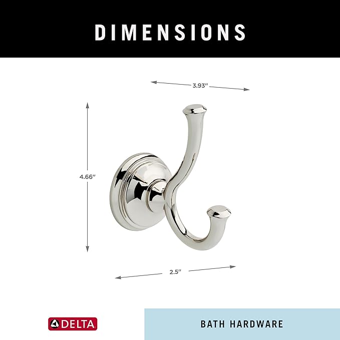 Delta Cassidy (1-Pack) Towel Hooks Polished Nickel Double Bathroom J Hooks Wall Mounted for Robes & Towels Hand Towel Hook Holder Kitchen, Bathroom Accessories 79735-PN