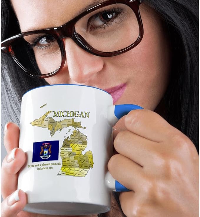 3dRose Flag, Map and motto of Michigan with all counties labeled 15oz Two-Tone Blue Mug