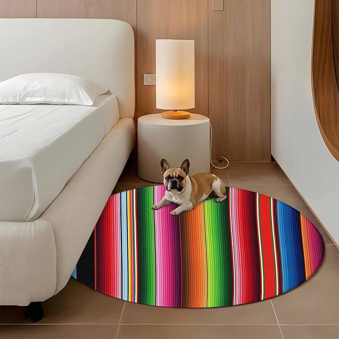 Washable Round Area Rug Mexico Art Colorful Stripes Circle Rugs Floor Carpet for Living Room Bedroom, Color Gradient Lines Soft Non Slip Round Rug 3ft