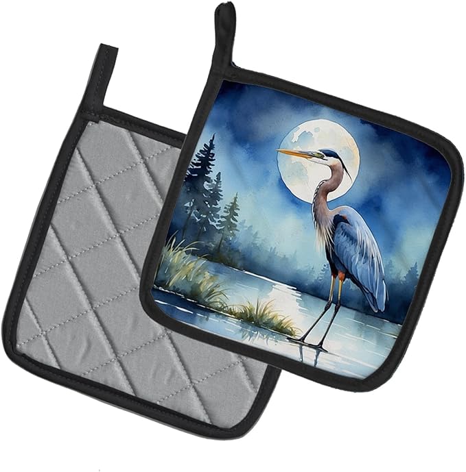 Caroline's Treasures Blue Heron Under The Moonlight Pair of Pot Holders Kitchen Heat Resistant Pot Holders Sets Oven Hot Pads for Cooking Baking BBQ, 7 1/2 x 7 1/2