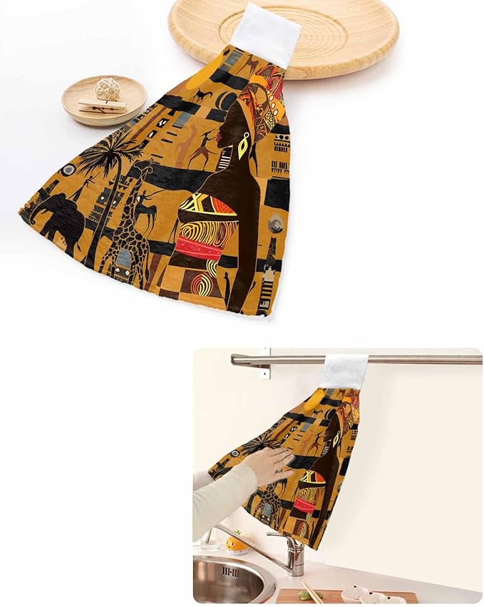 Alandar Home Kitchen Tie Towel Set of 2, Black Women Giraffe Elephant Tree Absorbent Soft Hand Towels for Bathroom Hanging Towels, African Animal Fast Drying Cleaning Cloth with Loop