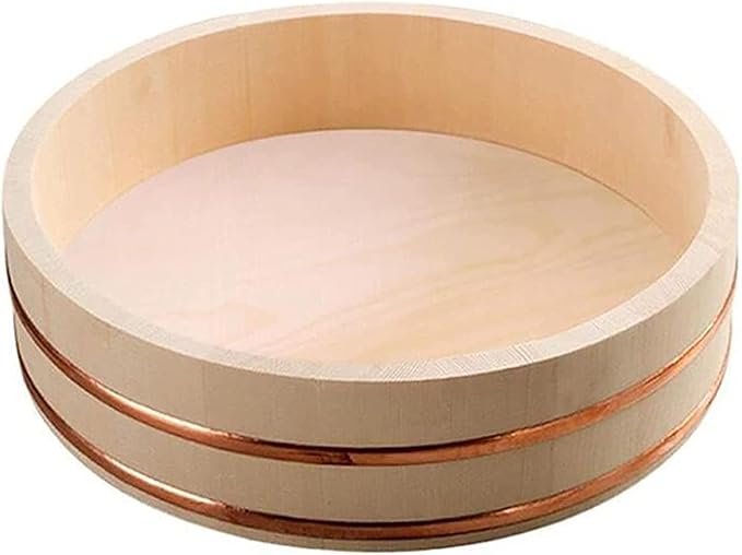 Round Sushi Rice Bowl Wooden Hangiri Sushi Oke Rice Mixing Tub with Copper Bands Rice Bucket Container Barrel for Restaurant Home Kitchen 30x7.5cm (33x7.5cm)