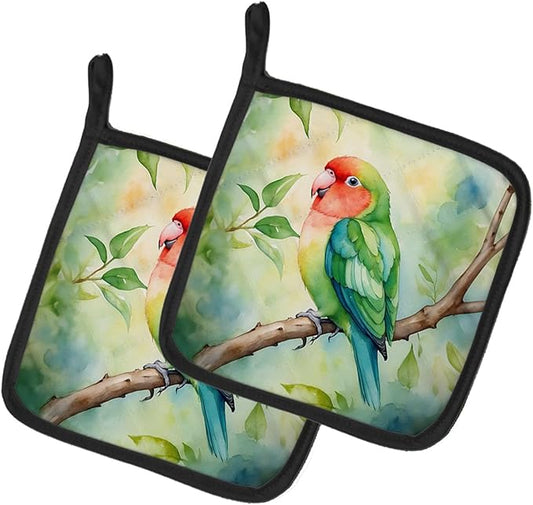 Caroline's Treasures Peachfaced Lovebird Pair of Pot Holders Kitchen Heat Resistant Pot Holders Sets Oven Hot Pads for Cooking Baking BBQ, 7 1/2 x 7 1/2