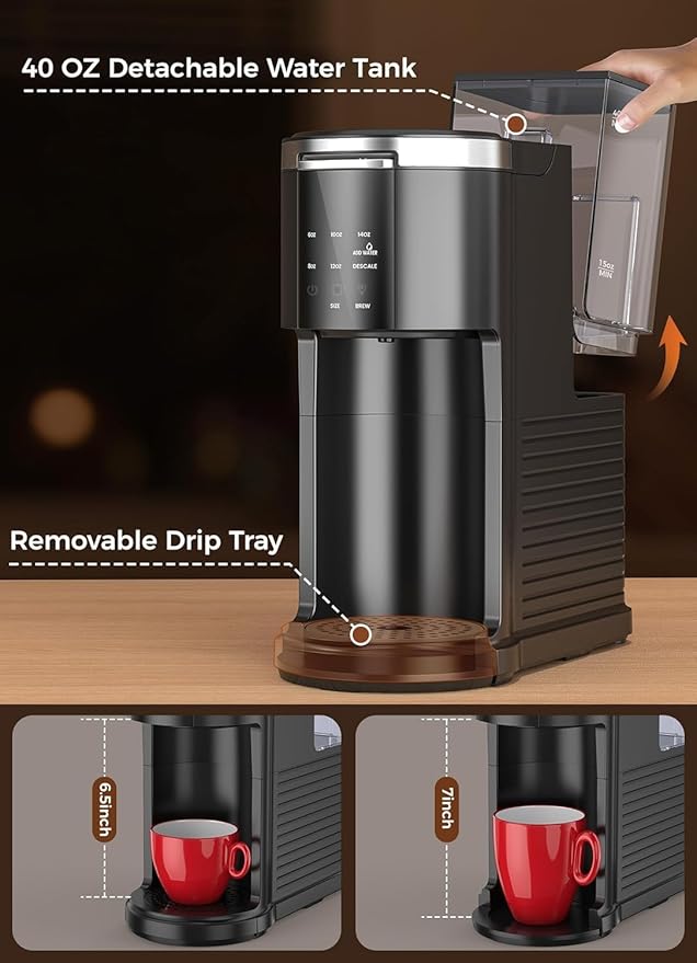 Electactic Single Serve Coffee Maker, 2 in 1 Kcup Pod & Ground Coffee Brewer, 40 Oz Removable Water Tank, 5 Brew Sizes 6-14 Oz, Self-cleaning Fast Heating Coffee Machine for Home Office