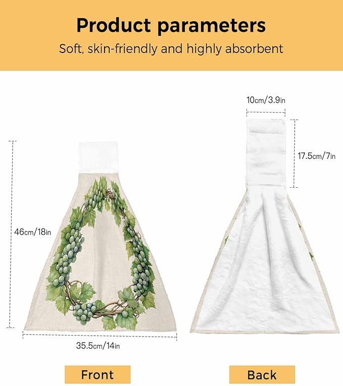 Alandar Home Kitchen Tie Towel Set of 2, Spring Green Grapes Vine on Beige Linen Absorbent Soft Hand Towels for Bathroom Hanging Towels, Pastoral Botanical Fast Drying Cleaning Cloth with Loop