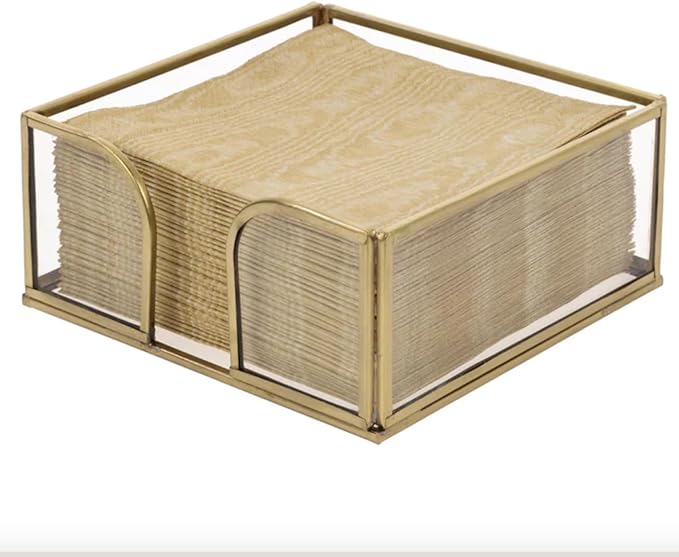 Boston International Paper Napkin Holder Caddy Dispenser for Kitchen Dining Buffet & Bar Countertops, 5.25" x 5.25" (Fits Cocktail Size), Gold Edge Glass