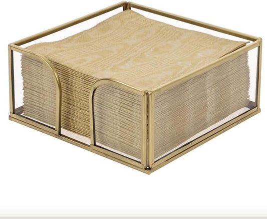 Boston International Paper Napkin Holder Caddy Dispenser for Kitchen Dining Buffet & Bar Countertops, 5.25" x 5.25" (Fits Cocktail Size), Gold Edge Glass