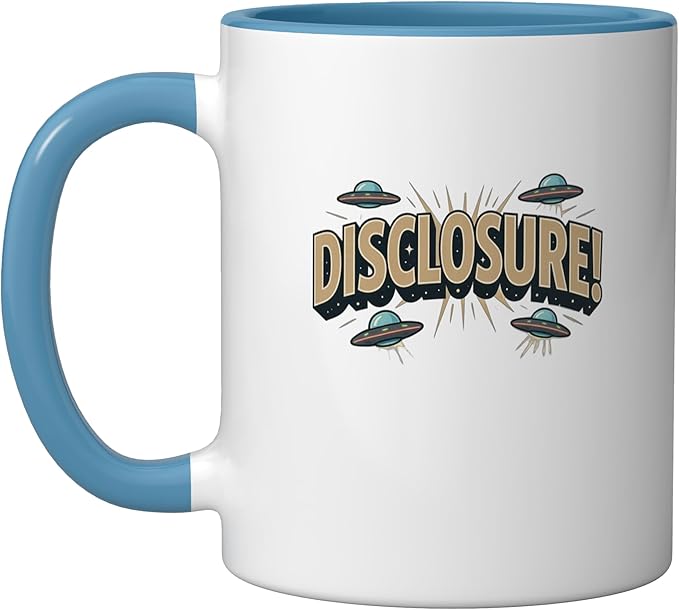 UFO DISCLOSURE Extraterrestrial ET's Aliens Spacecraft SciFi Ceramic Mug, Blue/White