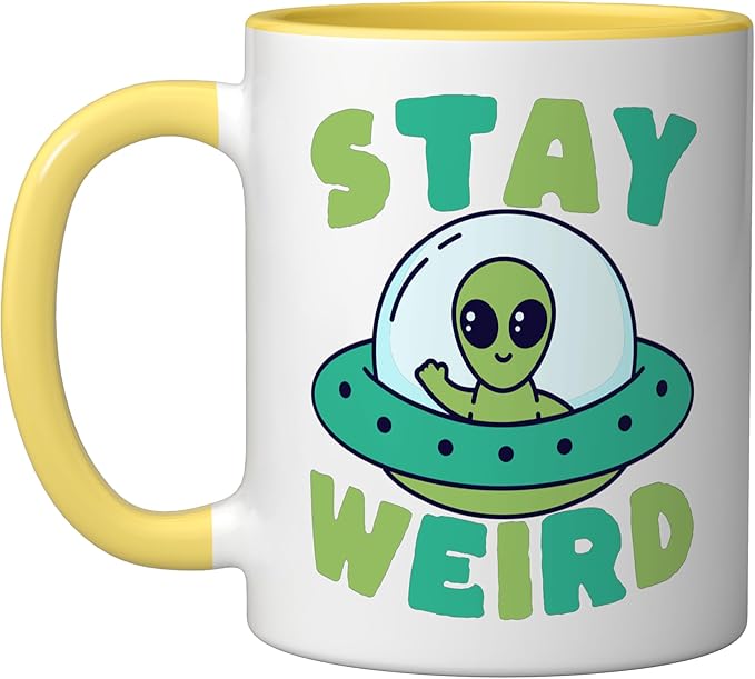 Cute Alien Stay Weird UFO Extraterrestrial Space Ceramic Mug, Yellow/White