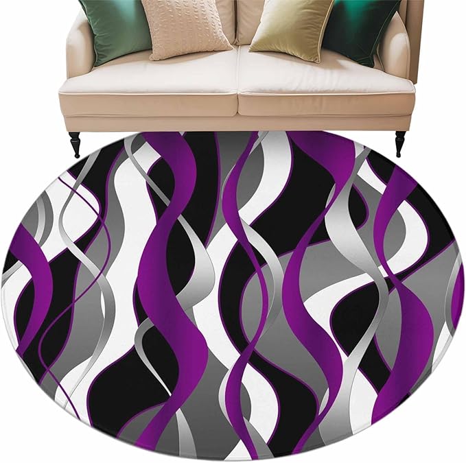 Washable Round Area Rug Abstract Purple Gray Black White Stripes Circle Rugs Floor Carpet for Living Room Bedroom, Modern Lines Soft Non Slip Round Rug 5ft