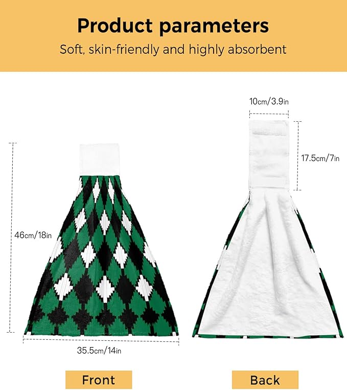 Alandar Home Kitchen Tie Towel Set of 2, Pastoral Style Rhombus Texture Absorbent Soft Hand Towels for Bathroom Hanging Towels, Green White and Black Fast Drying Cleaning Cloth with Loop
