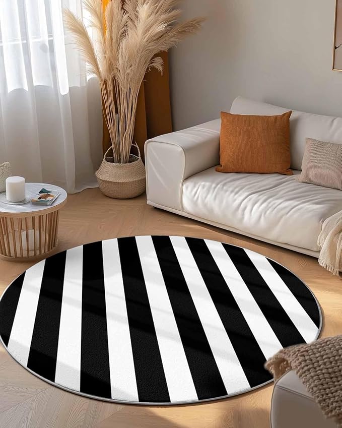 Round Area Rug,Black and White Stripe Circle Living Room Rug Non-Slip Rugs Indoor Carpet,Geometric Modern Minimalist Art Soft Comfort Rugs for Bedroom KidsRoom Nursery