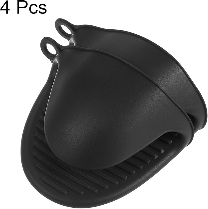 HARFINGTON 4pcs Thickened Mini Oven Gloves, Heat Resistant Silicone Oven Mitts Finger Pinch Grips Pot Holder for Kitchen, Cooking, Baking, BBQ Heat Resistant Gloves, Black