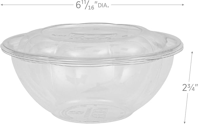 ECO PRODUCTS Compostable 24oz Salad Bowl, Clear PLA Plastic, With Lid, Case of 150, Grab 'n' Go Round Cold Takeout Food Containers, Renewable Plant-Based, Disposable, ASTM Compliant, BPI-Certified