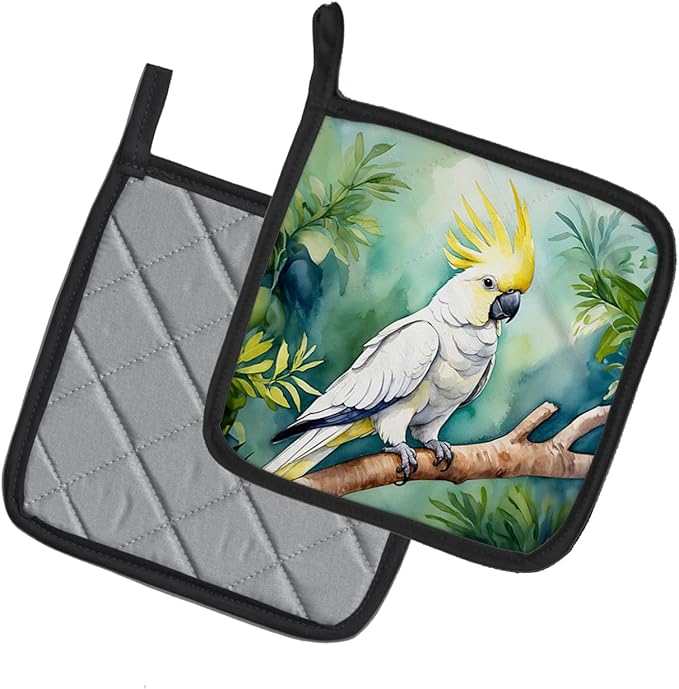 Caroline's Treasures Sulphurcrested Cockatoo Pair of Pot Holders Kitchen Heat Resistant Pot Holders Sets Oven Hot Pads for Cooking Baking BBQ, 7 1/2 x 7 1/2