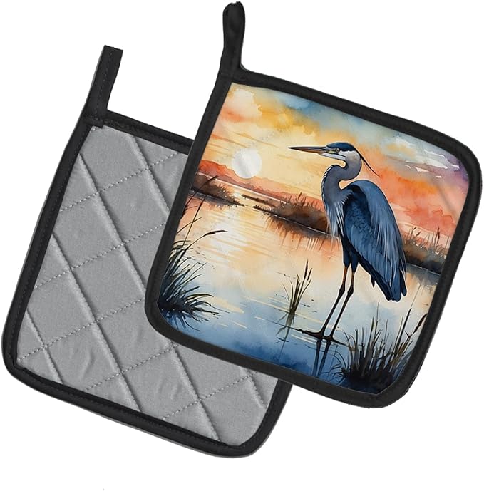 Caroline's Treasures Blue Heron Setting Sun Pair of Pot Holders Kitchen Heat Resistant Pot Holders Sets Oven Hot Pads for Cooking Baking BBQ, 7 1/2 x 7 1/2