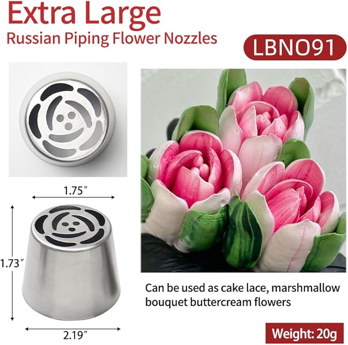 Extra Large Russian Piping Tip Set - 6 Stainless Steel Marshmallow Buttercream Framing Nozzles for 3D Roses Tulip Cake Decorations and Marshmallow Bouquets, Includes 1 Cleaning Brush(6I)