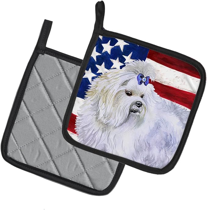 Caroline's Treasures BB9651PTHD Maltese Patriotic Pair of Pot Holders Kitchen Heat Resistant Pot Holders Sets Oven Hot Pads for Cooking Baking BBQ, 7 1/2 x 7 1/2