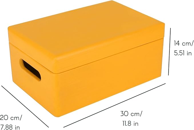 Creative Deco Large Yellow Wooden Box Storage with Hinged Lid | 11.8x7.87x5.51in (+-0.5) | Keepsake with Handles | Gift Box for Tool Dog Toy Shoes Kitchen Storage | Wood Keepsake Chest Trunk