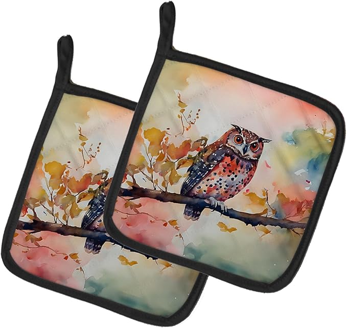 Caroline's Treasures Elf Owl Pair of Pot Holders Kitchen Heat Resistant Pot Holders Sets Oven Hot Pads for Cooking Baking BBQ, 7 1/2 x 7 1/2