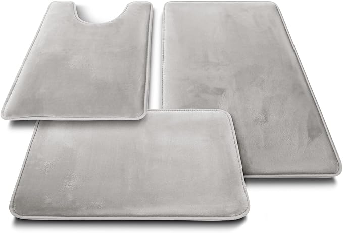 Clara Clark 2 Piece Bathroom Rugs Bath Mat Set, Velvet Memory Foam Bath Mats for Bathroom - Non-Slip, PVC Backing Bath Rugs, Washable - Dries Quickly, Silver