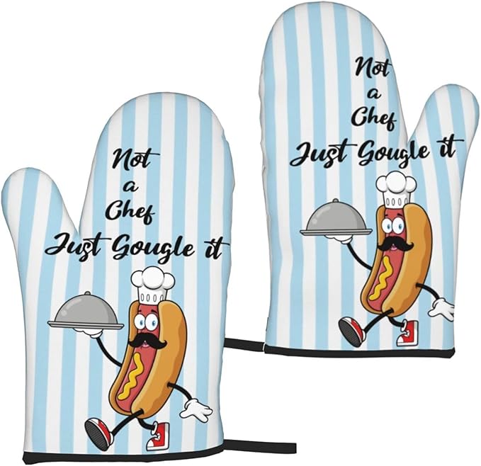 Oven Mitts of 2-Pack Set, Not A Chef Just Gougle It, Funny Kitchen Gloves Heat Resistant Non-Slip Kitchen Mitts Safe Cooking Baking Grilling