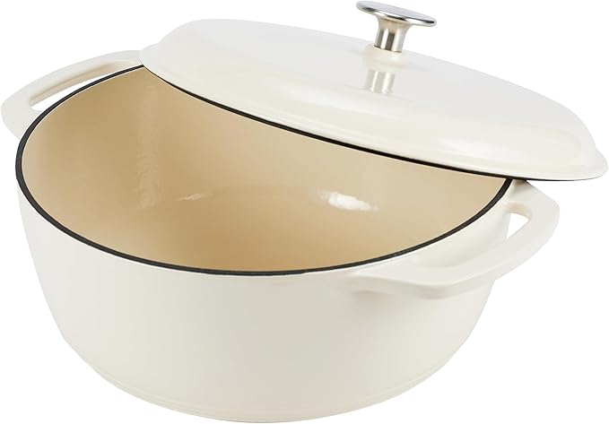 Amazon Basics Enameled Cast Iron Dutch Oven Pot with Lid, Oven Safe, Heavy-Duty, Dual Handles for Baking, Roasting, Stews, 4.3-Quart, White