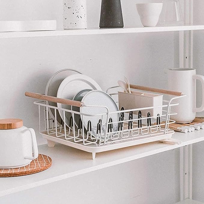 Anti Rust Dish Drainer Rack Small Drainer with Removable Drain Board and Swivel Spout Utensil Holder for Kitchen Counter and Sink Wood Handle Cutlery Basket Drain Shelf
