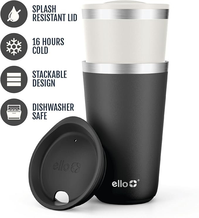 Ello 2 Pack 16oz Stainless Steel Stacking Cups with Easy Press Lids | Pint Size Reusable Tumblers for Parties, Home, Camping, Outdoor | Keeps Cold for 16 Hours, Dishwasher Safe | Black & Mineral