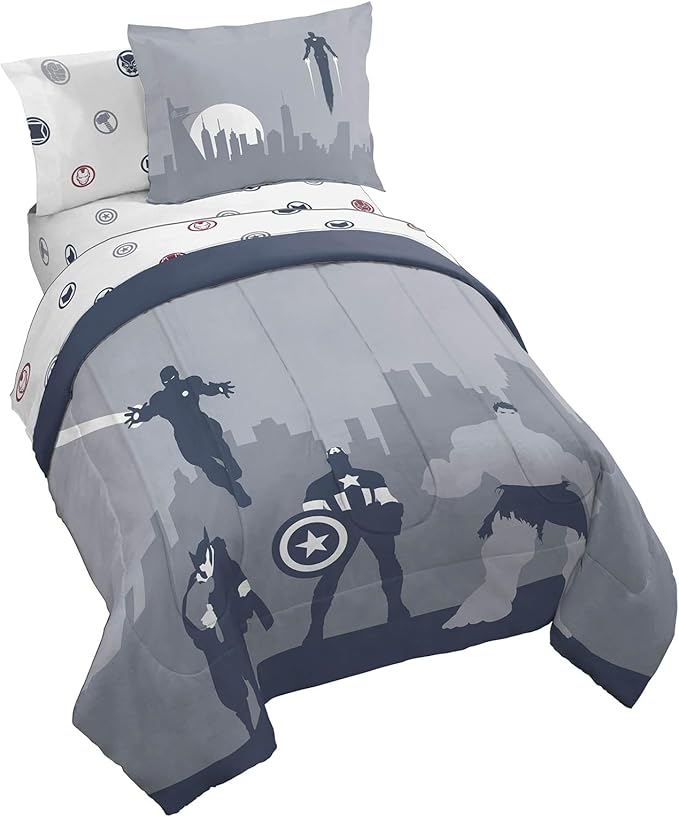 Jay Franco Marvel Avengers Twin Size Comforter Set - 5 Piece Bedding Includes Sheet Set & Pillow Covers - Super Soft Cozy Bedding with Captain America, Hulk, Iron Man and Thor