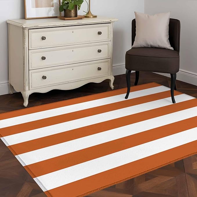 Area Rug 4x6ft, Farmhouse Classic Stripes Washable Rugs for Living Room Bedroom, Orange White Soft Non-Slip Area Rugs Rectangle Floor Carpet for Dining Room