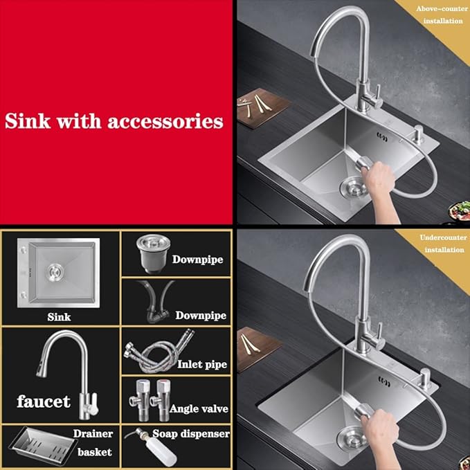 Single Bowl Sink with Accessories, Siphon, Tap Stainless Steel Silver Small Sink Bar Sink Kitchen Counter Sink Built-in Sink (Silver 52 * 40cm)