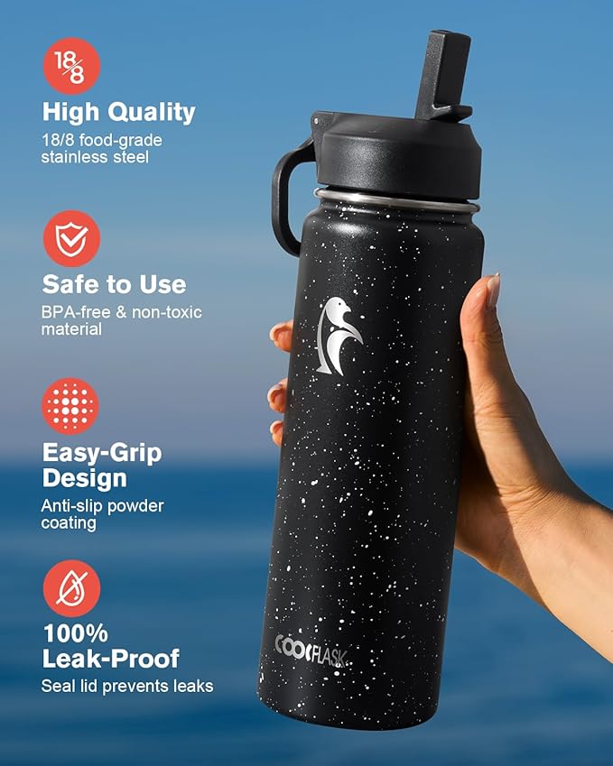 Coolflask Water Bottle 24 oz Insulated with Straw, Stainless Steel Metal 3 Lids Water Flask Wide Mouth for Sports or Office, Non-BPA Keep Cold Up to 48 Hrs or Hot Up to 24 Hrs, Starry Night