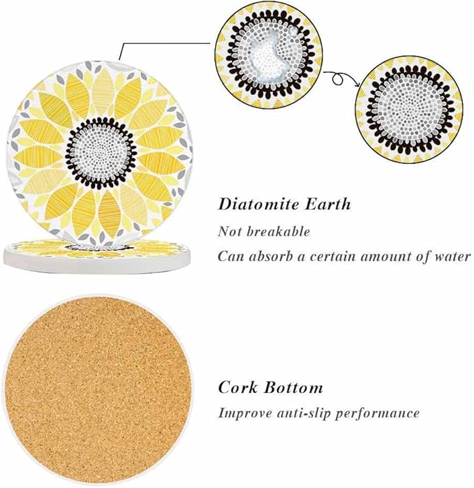 oFloral Gold Flower Coasters for Drinks Sunflower Nature Rustic Cups Place Mats for Home Decor Set of 2, 4 Inch
