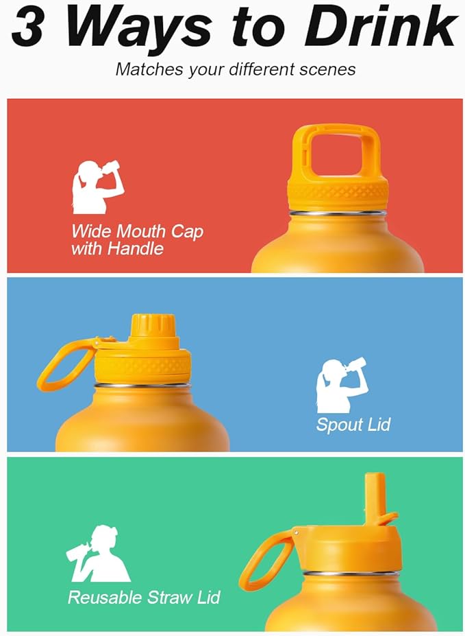 Half Gallon Water Bottle Insulated with Straw & 3 Lids, Coolflask 64 oz Water Jug Large Metal Stainless Steel Wide Mouth for Sports, Gym or Office, Non-BPA Keep Cold 48H Hot 24H, Ombre Yellow/Orange