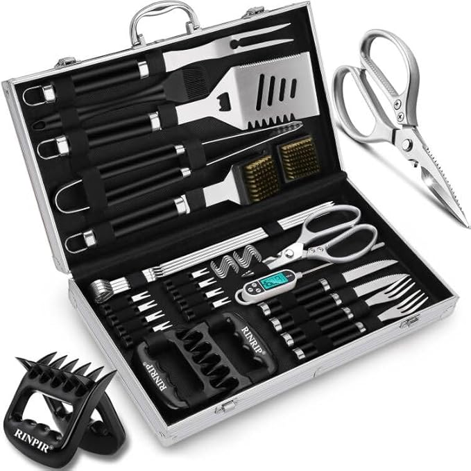 RINPIR 35pcs Deluxe Grilling Gifts Set for Birthday Fathers Day, Stainless Steel BBQ Accessories Kit for Men Dad, Professional Grill Tools Utensils with Scissors, Meat Claws in Aluminum Case Black