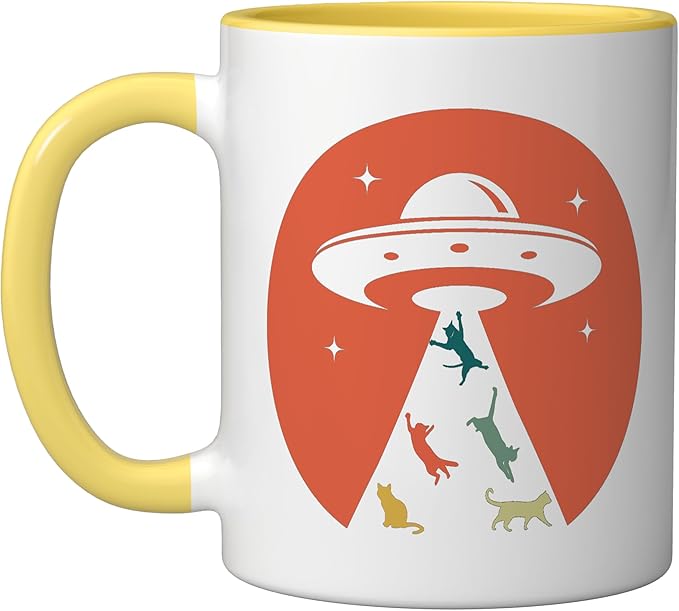 Cat UFO Funny Cat humor Kitten Owner UFO lover flying saucer Ceramic Mug, Yellow/White