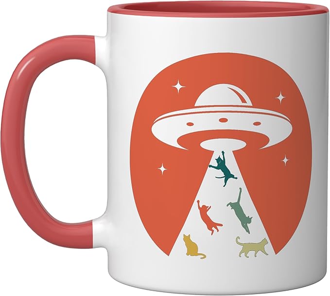 Cat UFO Funny Cat humor Kitten Owner UFO lover flying saucer Ceramic Mug, Red/White