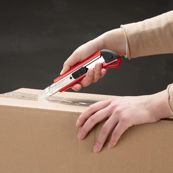 Handy Tek 6.5 Inch Utility Knives, 4 Anti-Slip Box Knives - Heavy Duty, Retractable, Red Plastic Box Cutters, Built-In Lock, Sharp Blade - Restaurantware