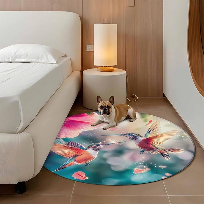 Washable Round Area Rug Spring Hummingbird Pink Petals Flowers Circle Rugs Floor Carpet for Living Room Bedroom, Dreamlike Animal Focus Scenery Soft Non Slip Round Rug 5ft