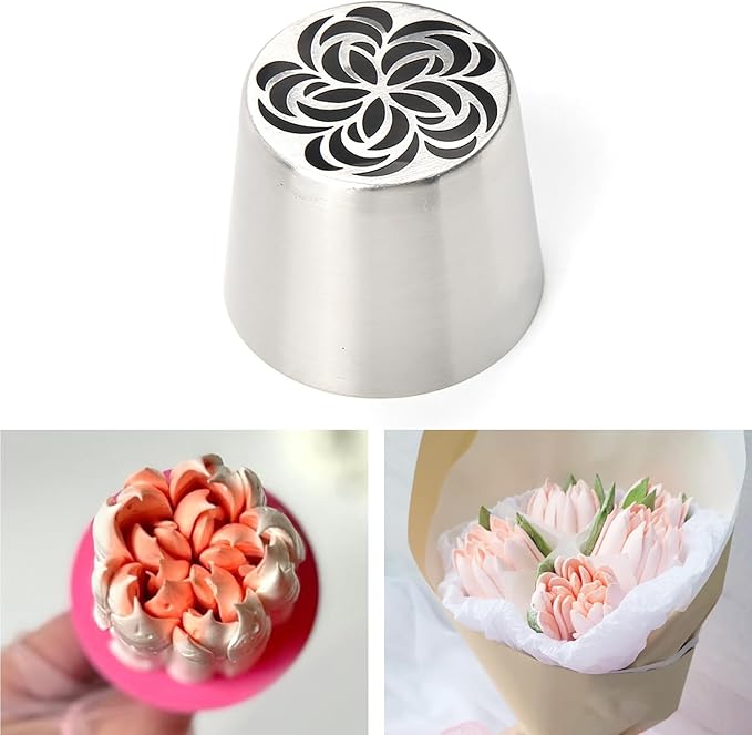 Extra Large Russian Piping Tip Set - 6 Stainless Steel Marshmallow Buttercream Framing Nozzles for 3D Roses Tulip Cake Decorations and Marshmallow Bouquets, Includes 1 Cleaning Brush(6F)