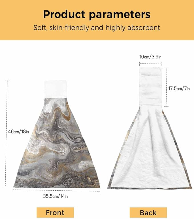 Alandar Home Kitchen Tie Towel Set of 1, Abstract Black Grey Marble Texture Absorbent Soft Hand Towels for Bathroom Hanging Towels, Modern Fluid Art Fast Drying Cleaning Cloth with Loop