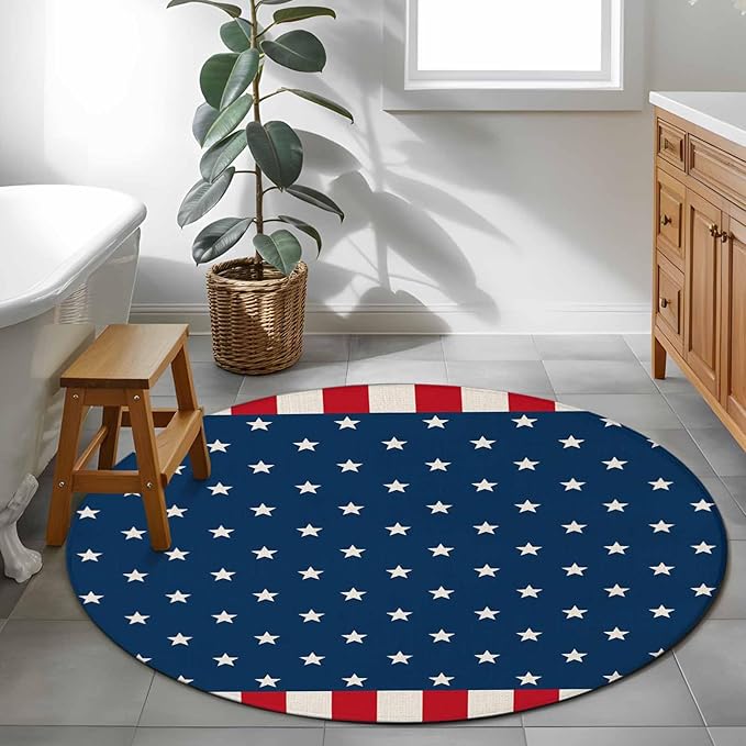Washable Round Area Rug American Independence Day Circle Rugs Floor Carpet for Living Room Bedroom, USA Stars on Blue Red White Border Soft Non Slip Round Rug 3ft