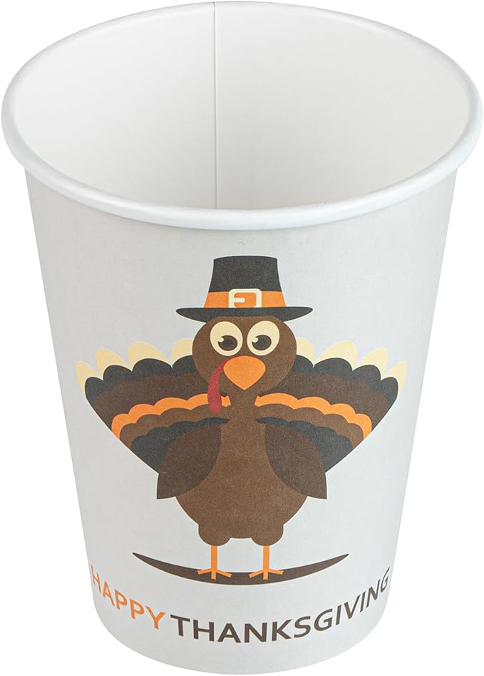 Restaurantware-Restpresso 12 Ounce Thanksgiving Party Cups, 20 Disposable Hot Cups With Plastic Lids - Turkey Design, Rolled Rim, Paper Coffee Cups, Single Wall, Serve Hot And Cold Drinks
