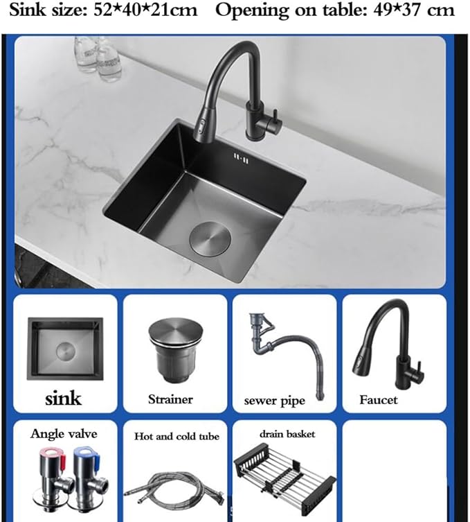 Single Bowl Restaurant Studio Bar Siphon Sink with Faucet Stainless Steel Small Size Single Bowl Sink Easy to Clean Sink Kitchen Washing Basin (Black 52 * 40 * 21cm)