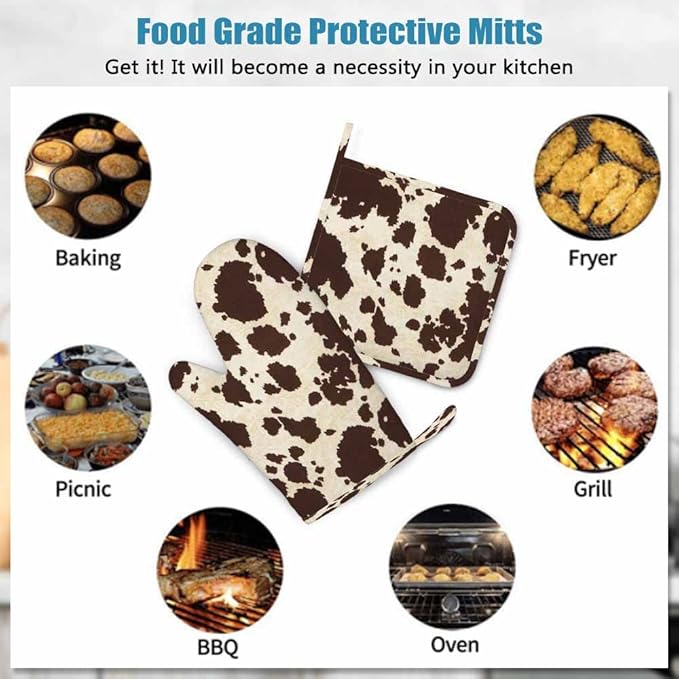 Mxocom Brwon Cowhide Oven Mitts and Pot Holders Sets Cow Skin Vintage Big Cow Bull Fur Animal Silicone Heat Resistant Kitchen Oven Gloves Pot Holder for Cooking