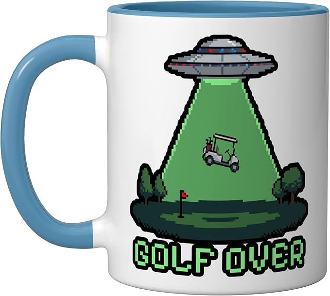 Retro Funny GOLF OVER Pixel Art UFO Abducting Golf-Cart Ceramic Mug, Blue/White