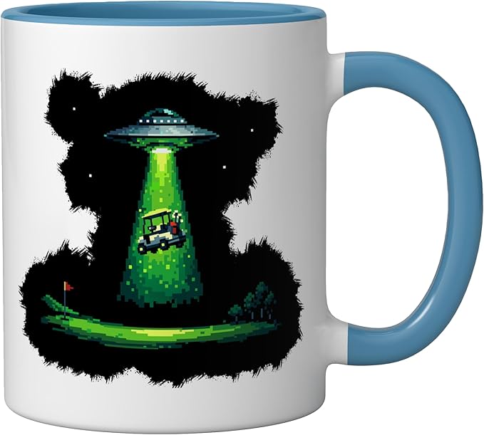 Retro Pixel Art UFO Abducting Golf Cart Funny Alien Golfing Ceramic Mug, Blue/White