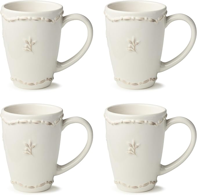 Heritage Beads Stoneware Mug Set of 4 – Classic Ivory Coffee & Tea Cups with Embossed Bead Rim & Sprig Detail – Elegant Everyday Farmhouse Mugs for Hot Beverages
