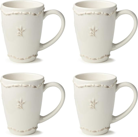 Heritage Beads Stoneware Mug Set of 4 – Classic Ivory Coffee & Tea Cups with Embossed Bead Rim & Sprig Detail – Elegant Everyday Farmhouse Mugs for Hot Beverages
